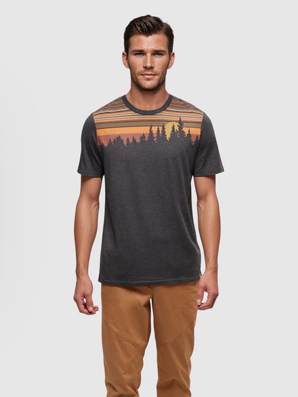 tentree Charcoal Short-Sleeve Tee with Orange Sunset Forest Graphic